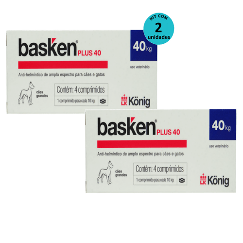 Vermífugo Basken Plus 40 p/ Cães e Gatos 1 comp. para cada 10Kg cx c/ 4 comp. Kit c/ 2 Vermífugo Basken Plus 40 p/ Cães e Gatos 1 comp. para cada 10Kg cx c/ 4 comp. Kit c/ 2