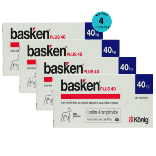Vermífugo Basken Plus 40 p/ Cães e Gatos 1 comp. para cada 10Kg cx c/ 4 comp. Kit c/ 4 Vermífugo Basken Plus 40 p/ Cães e Gatos 1 comp. para cada 10Kg cx c/ 4 comp. Kit c/ 4