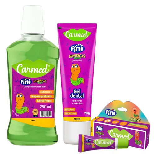 Kit-Carmed-Fini-Minhocas-Gel-Dental-70g-+-Enxaguante-Bucal-250ml-+-Hidratante-Labial-10g Kit-Carmed-Fini-Minhocas-Gel-Dental-70g-+-Enxaguante-Bucal-250ml-+-Hidratante-Labial-10g