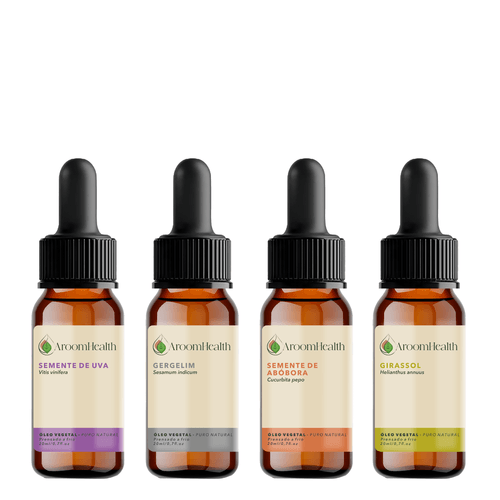 Kit de óleos vegetais – Semente de Abóbora, Semente de Uva, Gergelim e Girassol – 20 ml cada