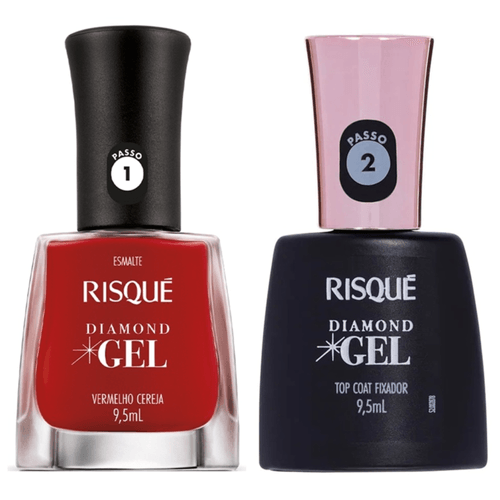 Kit Esmalte Risque Diamond Gel Vermelho Cereja + Fixador Top Coat