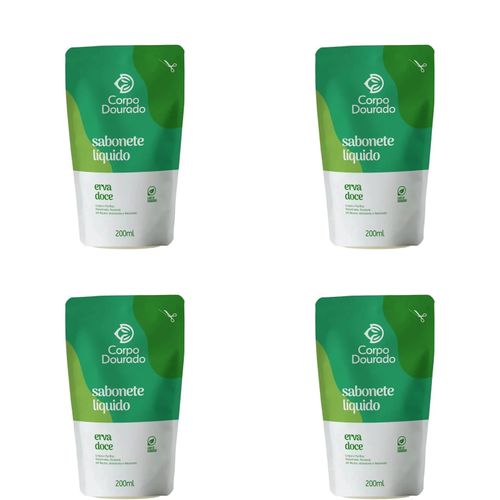 Kit c/4 Sabonetes Líquido Corpo Dourado Pouch 200ml Erva Doce