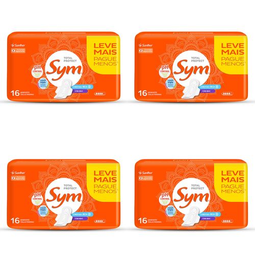 Kit c/4 Absorvente Sym Total Protect Cobertura Seca Com Abas 16 Unidades cada Kit c/4 Absorvente Sym Total Protect Cobertura Seca Com Abas 16 Unidades cada