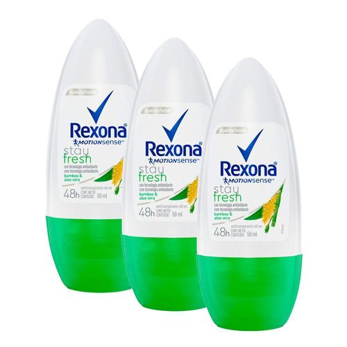 Kit c/3 Unidades de Desodorante Rollon Rexona Compacto 30ml Bamboo E Aloe Vera