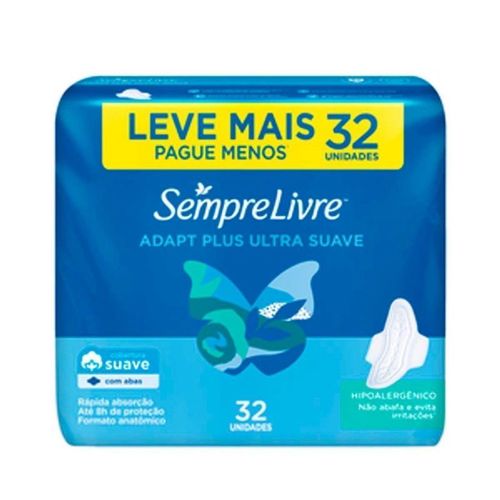 Kit c/16 Absorvente Sempre Livre Com 32 Unidades Adapt Plus Suave Com Abas