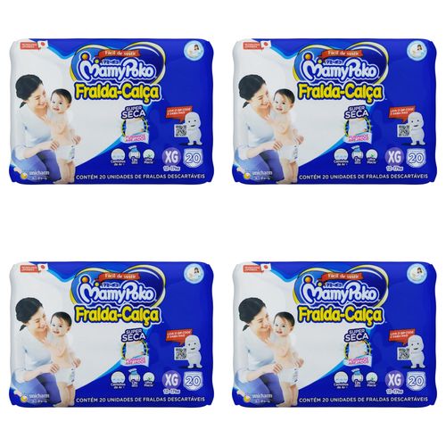 Kit 4 Fraldas Infantil Super Seca Calça MamyPoko XG Pacote 20 Unidades cada