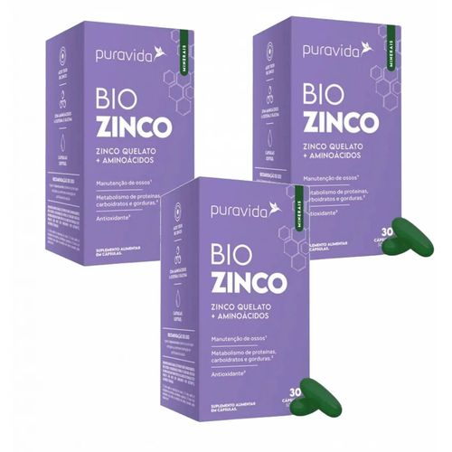 3x Bio Zinco PuraVida - Zinco Quelado + Aminoácidos Sem Sabor