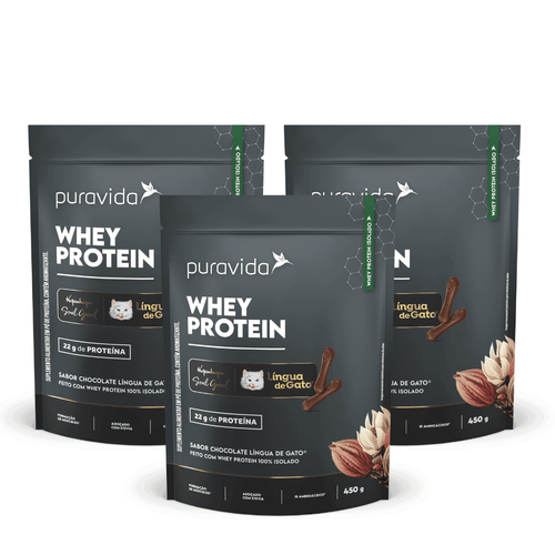 Kit 3 Whey Protein Isolado Chocolate Língua De Gato 450g Puravida Kit 3 Whey Protein Isolado Chocolate Língua De Gato 450g Puravida