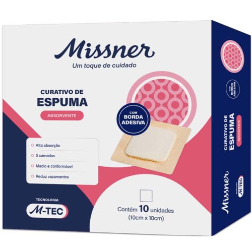 Curativo de Espuma Absorvente com borda de silicone 10cmX10cm (caixa com 10 unidades) - Missner