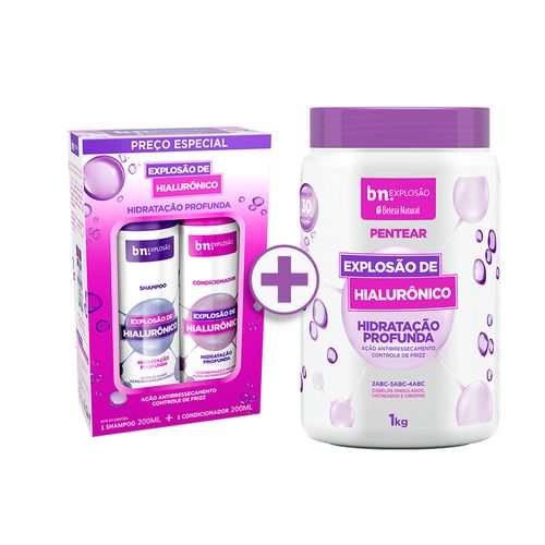 Kit Duo Shampoo 200ml + Condicionador 200ml + Creme de Pentear Explosão de Hialurônico 1Kg (3 itens) | BN Cachos Kit Duo Shampoo 200ml + Condicionador 200ml + Creme de Pentear Explosão de Hialurônico 1Kg (3 itens)