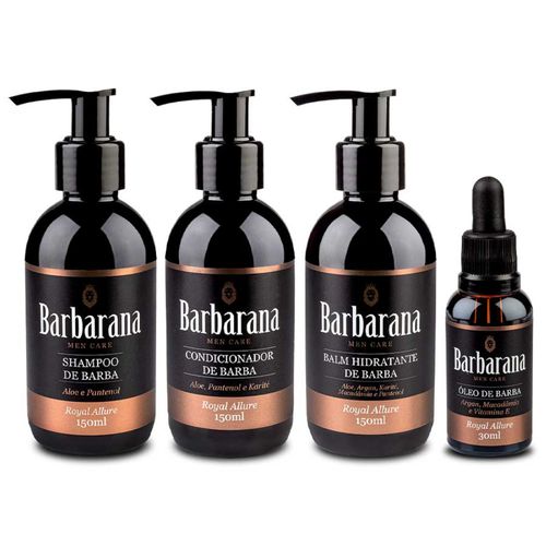 Kit Shampoo + Condicionador + Balm + Óleo para Barba Royal Allure Barbarana Kit Shampoo + Condicionador + Balm + Óleo para Barba Royal Allure Barbarana