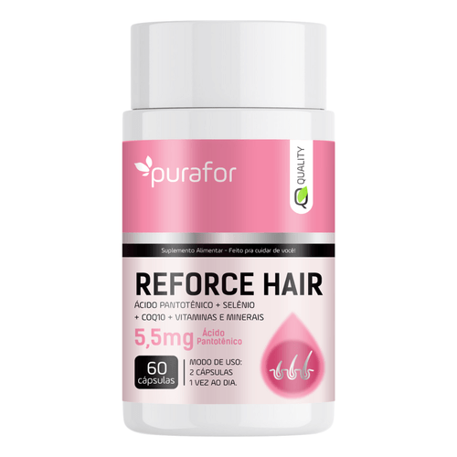 REFORCE HAIR SUPLEMENTO PARA CABELOS E UNHAS COM ÁCIDO PANTOTÊNICO, SELÊNIO E COQ10 PURAFOR QUALITY