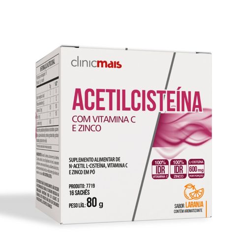 N-Acetilcisteína NAC 16 sachês 5g Sabor Laranja ClinicMais N-Acetilcisteína NAC 16 sachês 5g Sabor Laranja ClinicMais