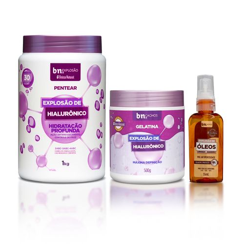 Kit com Creme de Pentear + Gelatina Explosão de Hialurônico + Óleo de Linhaça e Algodão | BN Cachos Kit com Creme de Pentear + Gelatina Explosão de Hialurônico + Óleo de Linhaça e Algodão