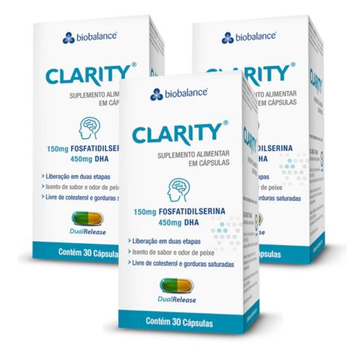Kit 3 Clarity Fosfatidilserina 150mg Dha 450mg 30 Cáps Biobalance Sem Sabor