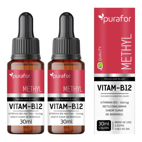 Kit 2 Vitamina B12 Metilcobalamina 30ml Purafor – Sabor Morango, Alta Absorção