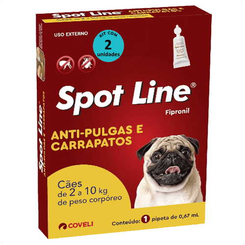 SPOT LINE ANTIPULGAS E CARRAPATOS 0,67ML PARA CÃES DE 2 A 10KG COVELI KIT COM 2 SPOT LINE ANTIPULGAS E CARRAPATOS 0,67ML PARA CÃES DE 2 A 10KG COVELI KIT COM 2