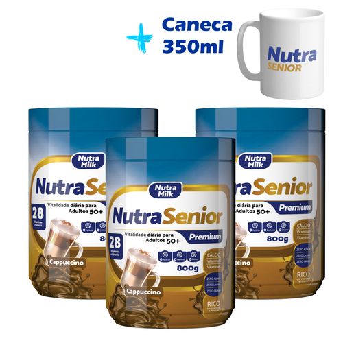 kit 3 Nutra Senior Adulto 50+ Premium 800g ZERO LACTOSE e ZERO AÇÚCAR + Caneca Exclusiva 350ml Kit Cappuccino + Caneca