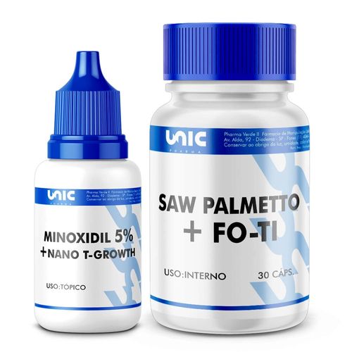 Minoxidil 5% + Nano T-Growth (30Ml) + Saw Palmetto+ Fo-Ti - 30 Cápsulas