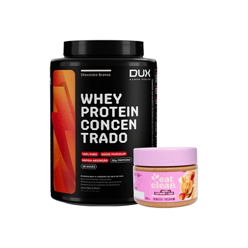 Kit Chocolate Branco com Morango Whey Protein Concentrado Chocolate Branco 900g + Pasta Castanha de Caju Morango com Chocolate Branco 300g