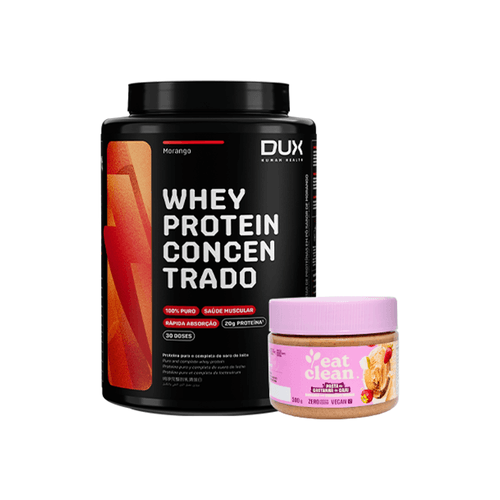 Kit Morango Whey Protein Concentrado Morango 900g + Pasta de Castanha de Caju Morango com Chocolate Branco 300g Kit Morango Whey Protein Concentrado Morango 900g + Pasta de Castanha de Caju Morango com Chocolate Branco 300g