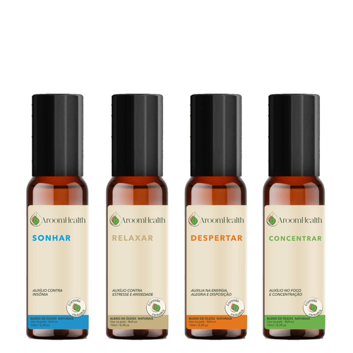 Kit 4 blends de óleos essenciais - Concentrar, Despertar, Relaxar e Sonhar roll-on - 10 ml cada Kit 4 blends de óleos essenciais - Concentrar, Despertar, Relaxar e Sonhar roll-on - 10 ml cada