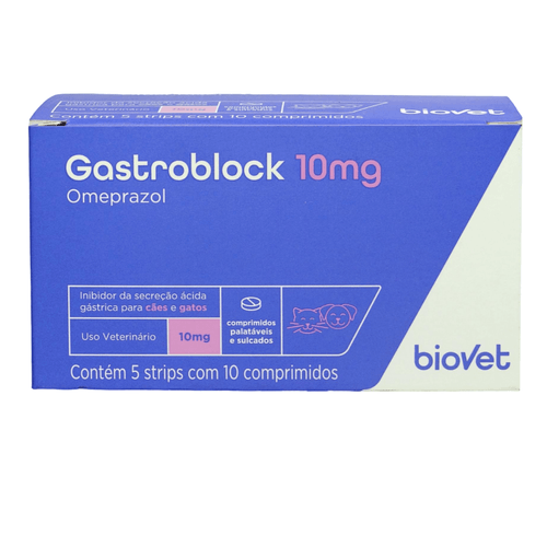 GastroBlock Omeprazol P/ Cães e Gatos 10mg CX C/ 5 Strips C/ 10 comp. cada Biovet