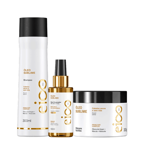 Kit Eico Pro Óleo Sublime - Shampoo 300ml + Máscara Tratamento 300ml + Óleo Reparador 100ml NULO Kit Eico Pro Óleo Sublime - Shampoo 300ml + Máscara Tratamento 300ml + Óleo Reparador 100ml NULO