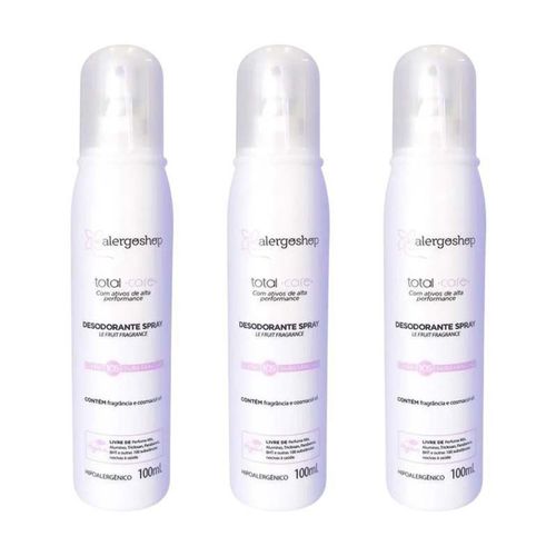 KIT 3 Desodorante Spray Le Fruit Hipoalergênico Total Care Alergoshop 100ml branco