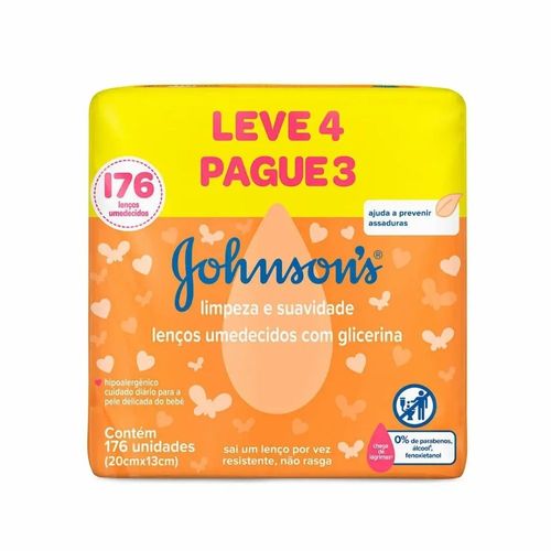 Kit Lenços Umedecidos Johnson's Limpeza e Suavidade 4 pacotes de 44 unidades cada Kit Lenços Umedecidos Johnson's Limpeza e Suavidade 4 pacotes de 44 unidades cada