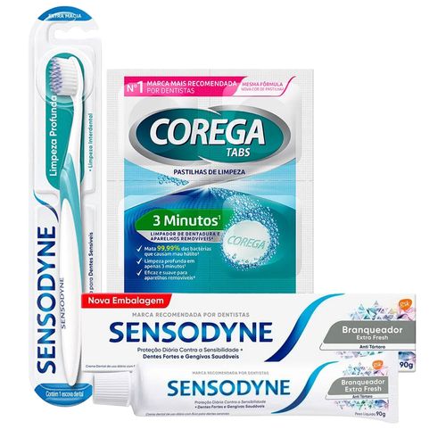 Kit-Sensodyne-Pasta-de-Dente-Branqueador-90g---Escova-Limpeza-Profunda---Corega-Tabs-3-Minutos-6-Pastilhas Kit-Sensodyne-Pasta-de-Dente-Branqueador-90g---Escova-Limpeza-Profunda---Corega-Tabs-3-Minutos-6-Pastilhas