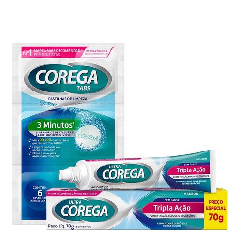 Kit-Corega-Creme-Sem-Sabor-70g---Tabs-3-Minutos-6-Pastilhas Kit-Corega-Creme-Sem-Sabor-70g---Tabs-3-Minutos-6-Pastilhas