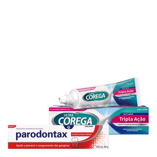 Kit-Ultra-Corega-Creme-Sem-Sabor-40g---Pasta-de-Dente-Parodontax-Fluor-90g Kit-Ultra-Corega-Creme-Sem-Sabor-40g---Pasta-de-Dente-Parodontax-Fluor-90g