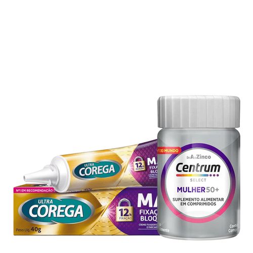 Kit-Ultra-Corega-Creme-Max-Fixacao-Bloqueio-40g---Centrum-Select-Mulher-50--30-Comprimidos Kit-Ultra-Corega-Creme-Max-Fixacao-Bloqueio-40g---Centrum-Select-Mulher-50--30-Comprimidos