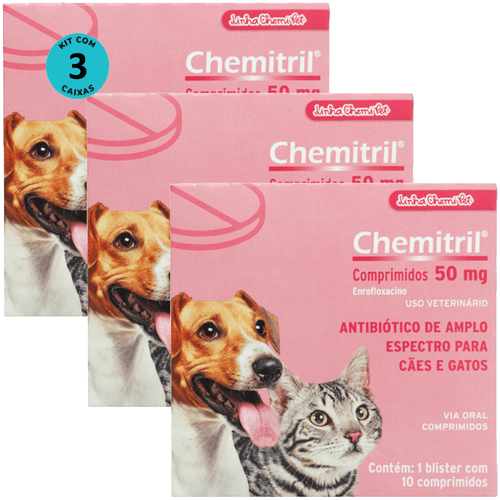 Chemitril 50mg Com 10 Comprimidos Para Cães e Gatos Chemitec Kit Com 3