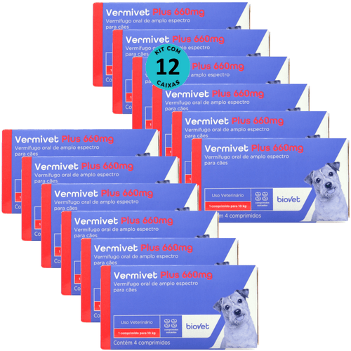 Vermífugo Vermivet Plus 660mg C/ 4 Comprimidos Biovet Kit 12 unid