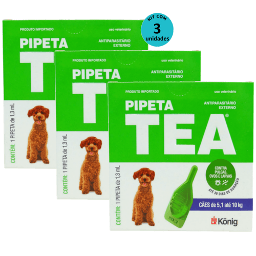 Pipeta Tea 1,3 ml Antiparasitário Contra Pulgas para Cães de 5,1 até 10 Kg - König Kit Com 3 Pipeta Tea 1,3 ml Antiparasitário Contra Pulgas para Cães de 5,1 até 10 Kg - König Kit Com 3