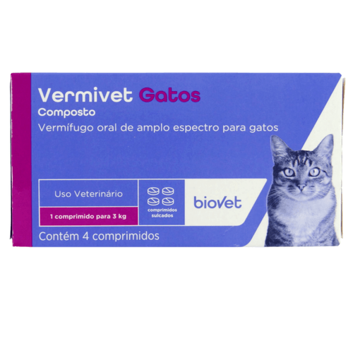 Vermífugo Vermivet Gatos 300mg C/ 4 Comprimidos - Biovet Vermífugo Vermivet Gatos 300mg C/ 4 Comprimidos - Biovet