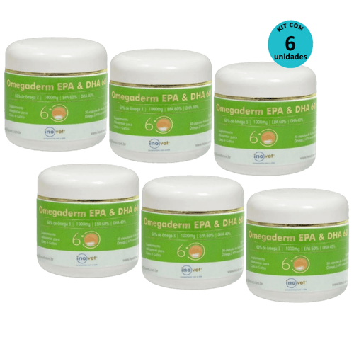 Omegaderm EPA & DHA 60 Suplemento para Cães e Gatos 1000mg C/ 30 cápsulas Kit c/ 6 Omegaderm EPA & DHA 60 Suplemento para Cães e Gatos 1000mg C/ 30 cápsulas Kit c/ 6