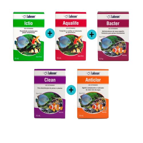 Kit 1 Ictio 15ml + 1 Aqualife 15ml + 1 Bacter C/ 10 Cápsulas + 1 Clean + 1 Anticlor 15ml