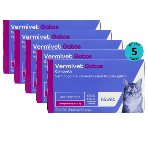 Vermífugo para Gatos Vermivet 300mg C/ 4 Comprimidos - Kit c/ 5 caixas