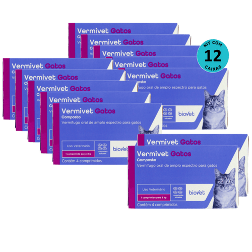 Vermífugo para Gatos Vermivet 300mg C/ 4 Comprimidos - Kit c/ 12 caixas