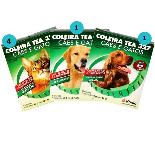 Kit 4 Coleiras Contra Pulgas E Carrapatos Gatos+1 Coleira P/ Cães G+ 1 Coleira P/ Cães M- Konig