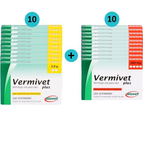 Kit 10 Vermífugo Vermivet Plus 2g c/ 2 Comp.+ 10 Vermivet Plus Biovet 660mg C/ 4 Comp. Biovet Kit 10 Vermífugo Vermivet Plus 2g c/ 2 Comp.+ 10 Vermivet Plus Biovet 660mg C/ 4 Comp. Biovet