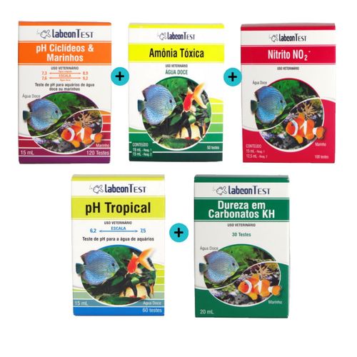 Kit Labcon Amônia Água Doce + PH Tropical 15ml + Nitrito + Dureza KH + Ciclídeos Marinhos
