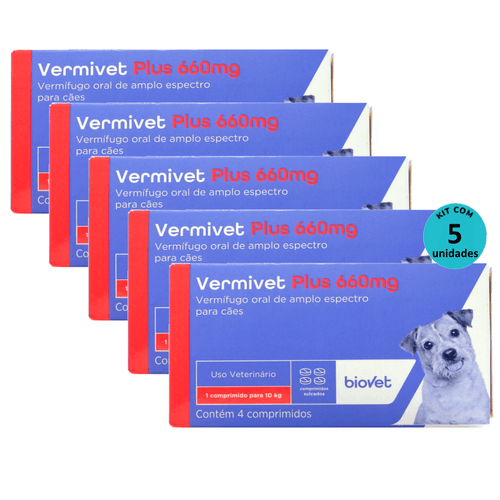 Kit Vermífugo Vermivet Plus Biovet 660mg c/ 4 Comprimidos C/ 5 unidades