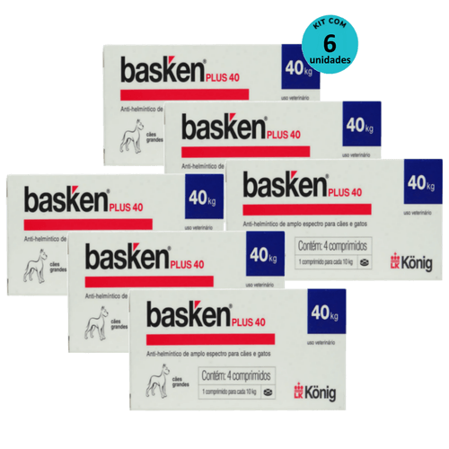 Vermífugo Basken Plus 40 p/ Cães e Gatos 1 comp. para cada 10Kg cx c/ 4 comp. Kit c/ 6 Kit Vermífugo Basken Plus 40 König p/ Cães Grandes C/ 10kg de peso c/ 4 Comp.- C/ 6 unidades