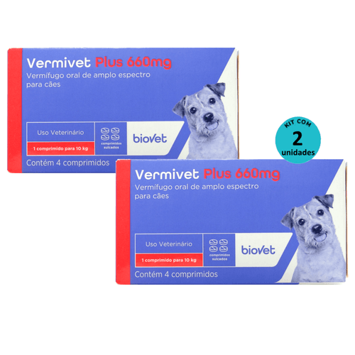 Kit Vermífugo Vermivet Plus Biovet 660mg c/ 4 Comprimidos C/ 2 unidades Kit Vermífugo Vermivet Plus Biovet 660mg c/ 4 Comprimidos C/ 2 unidades