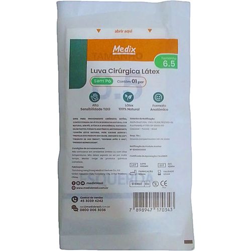 Luva Cirúrgica de Látex Medix - Sem Pó - 6.5 - Par