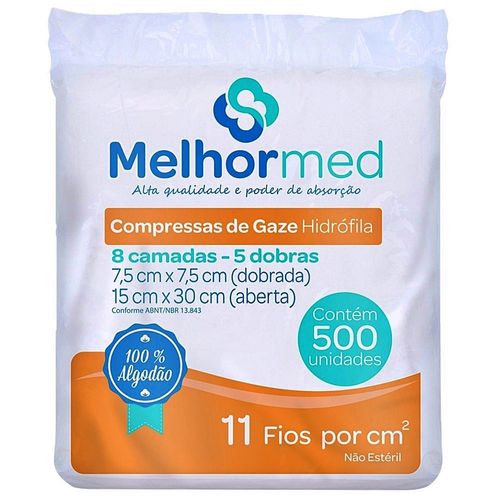 Compressa de Gaze não Estéril MelhorMed - 11 Fios - 7,5cm x 7,5cm - 500 unidades Compressa de Gaze não Estéril MelhorMed - 11 Fios - 7,5cm x 7,5cm - 500 unidades